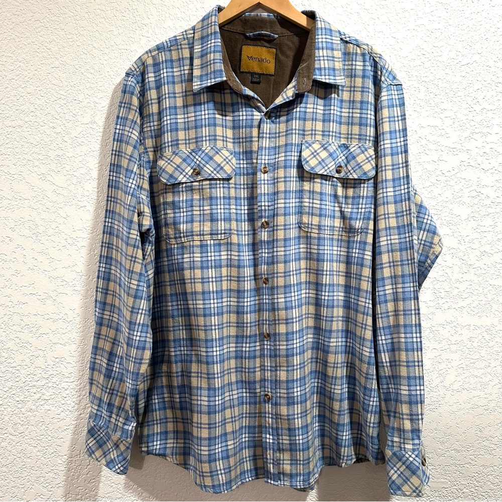 Men’s Flannel Plaid Lt Blue Tan White Trimmed in Brown Corduroy Soft Button Down